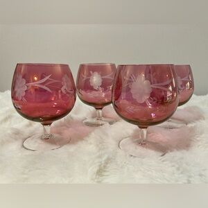 Set of Cranberry Pink Floral Etched Crystal Glasses